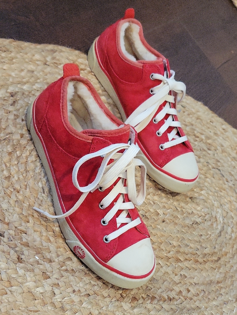 UGG Women's Red Suede Lace-Up Sneakers with White Accents
